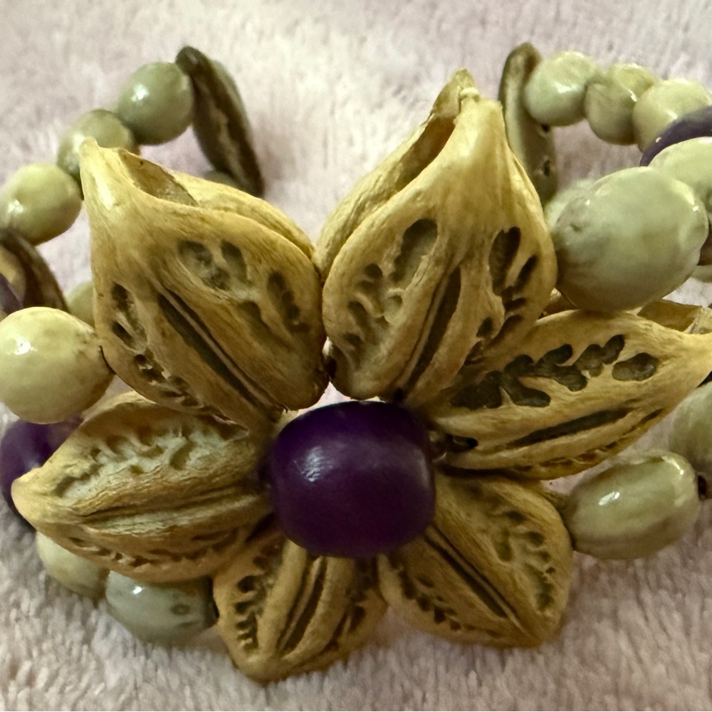 Vintage African Beaded Cuff Bracelet with Seeds Elegant Floral Purple NWOT
